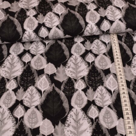 1 Reststück 0,90m Jersey - Blättertraum Schwarz Weiß