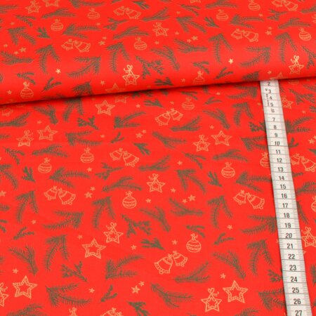Baumwolle Webware Foil Print - Weihnachtsglanz Tannenzweige - Rot