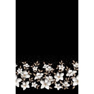 1 Reststück 0,60m French Terry Bordüre - Blumentraum Weiße Clematis auf Schwarz - Glitzerpüppi Exklusiv Eigenproduktion