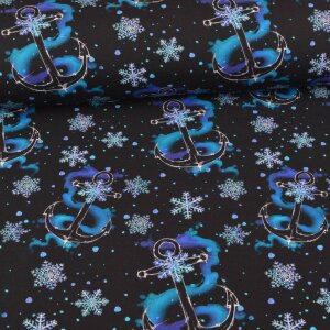 French Terry Sketchy Anchors and Snowflakes auf Schwarz -...