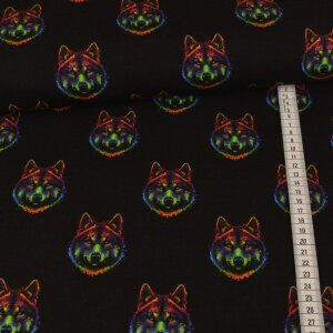 Sommersweat French Terry - Multicolor Wolf auf Schwarz
