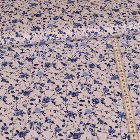 1 Reststück 0,85m Baumwolle Webware - Rosenranken Blau Weiß