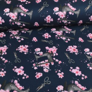 Dekostoff Sewing & Cherry Blossoms auf Navy - Glitzerpüppi Exklusiv Eigenproduktion