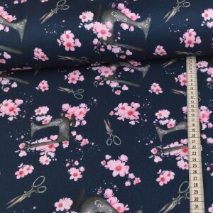 Dekostoff Sewing & Cherry Blossoms auf Navy - Glitzerpüppi Exklusiv Eigenproduktion