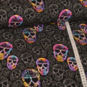 Jersey Colorful Skulls auf Schwarz - Glitzerpüppi Exklusiv Eigenproduktion