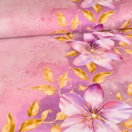 1 Reststück 0,65m Jersey Blumenranken Rosa Gold auf Rosa - Glitzerpüppi Exklusiv Eigenproduktion