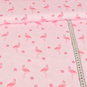 Baumwolle Popeline - Flamingos und Blumen auf Rosa