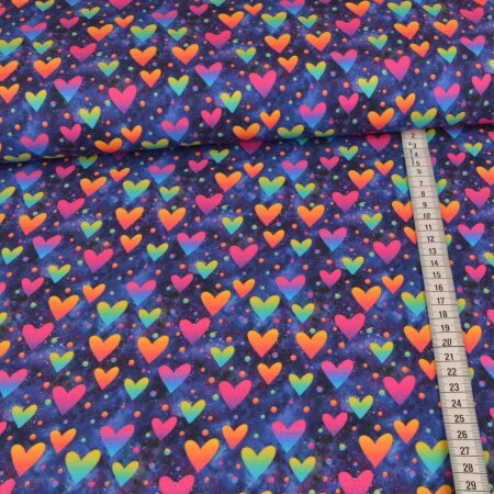 1 Reststück 1,25m Sommersweat French Terry - Rainbow Galaxy Hearts - Lila Blau