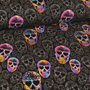1 Reststück 0,55m Jersey Colorful Skulls auf Schwarz - Glitzerpüppi Exklusiv Eigenproduktion