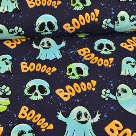 French Terry - Halloween Geister Blau Orange auf Navy - Glitzerpüppi Exklusiv Eigenproduktion