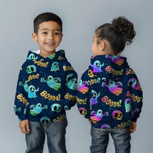 French Terry - Halloween Geister Blau Orange auf Navy - Glitzerpüppi Exklusiv Eigenproduktion