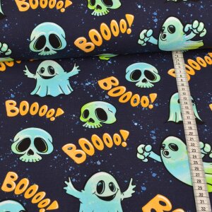 French Terry - Halloween Geister Blau Orange auf Navy - Glitzerpüppi Exklusiv Eigenproduktion
