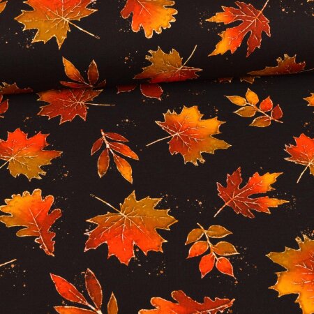 French Terry - Herbstblätter Orange Senf auf Schwarz - Glitzerpüppi Exklusiv Eigenproduktion