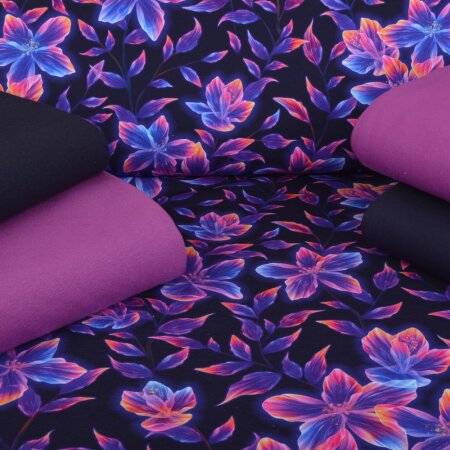 Stoffpaket Jersey Glowing Flowers Navy - Glitzerpüppi Exklusiv Eigenproduktion