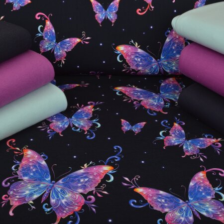Stoffpaket Jersey Colorful Butterflies Navy - Glitzerpüppi Exklusiv Eigenproduktion