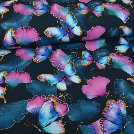 Jersey Ginkgo Butterflies Navy - Glitzerpüppi Exklusiv Eigenproduktion