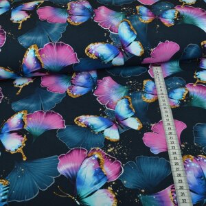 Jersey Ginkgo Butterflies Navy - Glitzerpüppi...