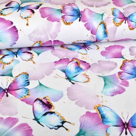 Jersey Ginkgo Butterflies Weiß - Glitzerpüppi Exklusiv Eigenproduktion