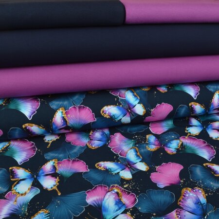 Stoffpaket Jersey Ginkgo Butterflies Navy - Glitzerpüppi Exklusiv Eigenproduktion