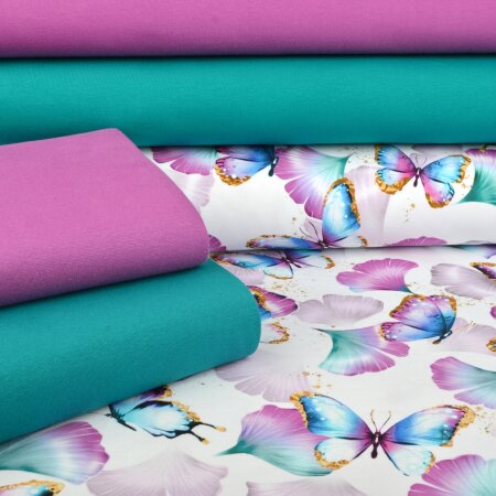 Stoffpaket Jersey Ginkgo Butterflies Weiß - Glitzerpüppi Exklusiv Eigenproduktion