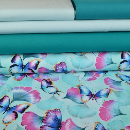 Stoffpaket Jersey Ginkgo Butterflies Mint - Glitzerpüppi Exklusiv Eigenproduktion
