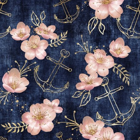BIO Jersey Maritime Blossoms Rosé auf Jeans - Glitzerpüppi Exklusiv Eigenproduktion