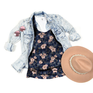BIO Jersey Maritime Blossoms Rosé auf Jeans - Glitzerpüppi Exklusiv Eigenproduktion