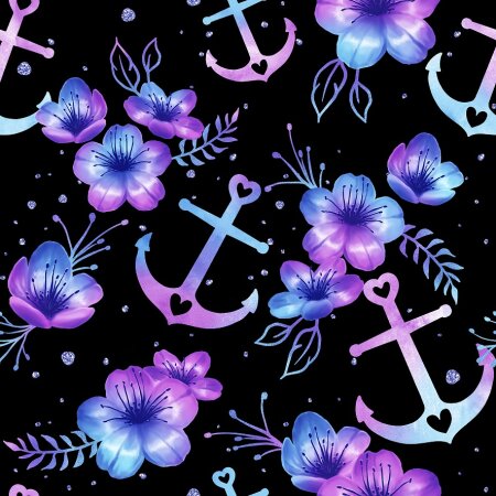 BIO Jersey Maritime Blossoms Lila Blau auf Schwarz - Glitzerpüppi Exklusiv Eigenproduktion