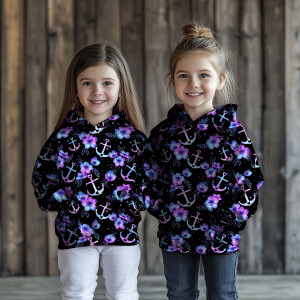 BIO Jersey Maritime Blossoms Lila Blau auf Schwarz - Glitzerpüppi Exklusiv Eigenproduktion