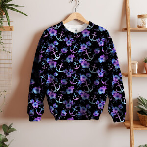 BIO Jersey Maritime Blossoms Lila Blau auf Schwarz - Glitzerpüppi Exklusiv Eigenproduktion