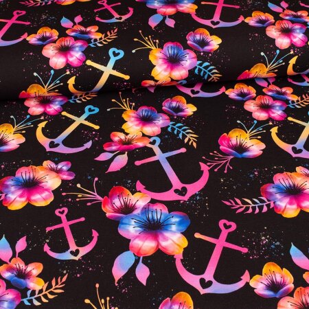 BIO Jersey Maritime Blossoms Bunt auf Schwarz - Glitzerpüppi Exklusiv Eigenproduktion