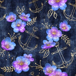 BIO Jersey Maritime Blossoms Pink Blau Gold auf Jeans -...