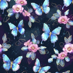 BIO Jersey Sparkly Butterflies and Flowers auf Navy -...