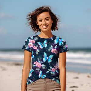 BIO Jersey Sparkly Butterflies and Flowers auf Navy - Glitzerpüppi Exklusiv Eigenproduktion
